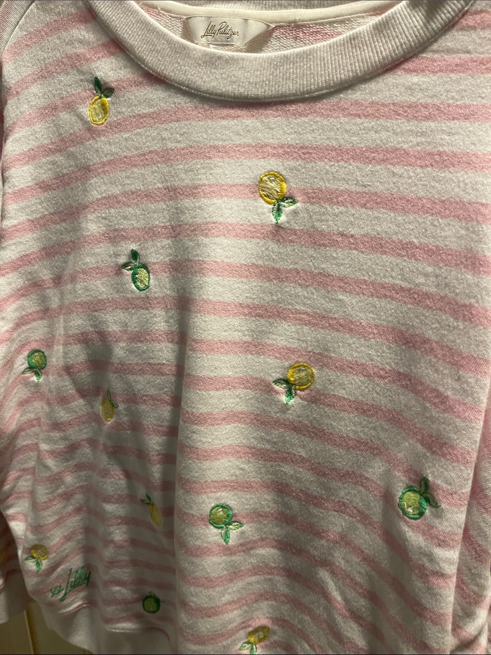 Lilly Pulitzer Pink and White Striped sweatshirt with Lemon Embroidery